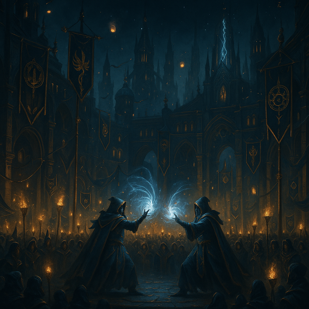 Casters gathering in the plaza of the eastern spire